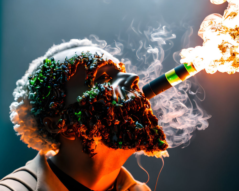 Bearded person in hat exhales smoke with fiery cigar burst