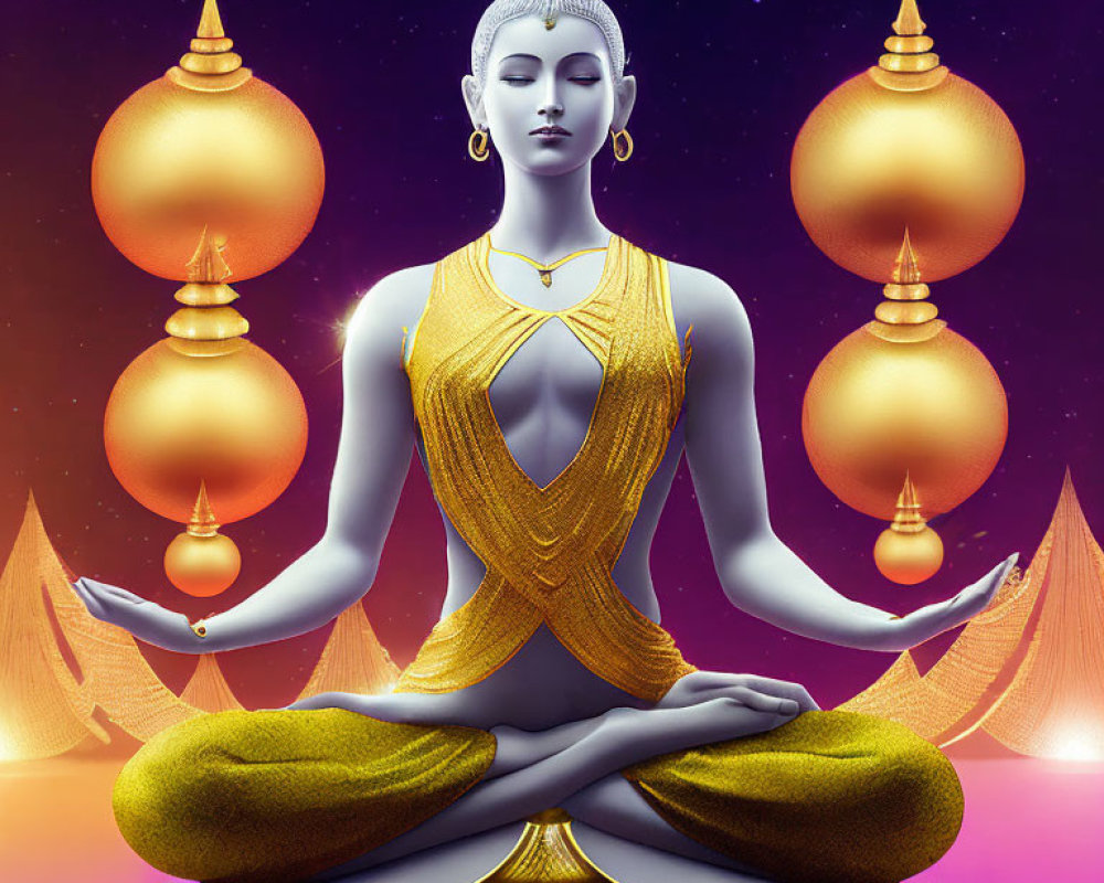 Meditating figure with multiple arms in golden cloth on purple background