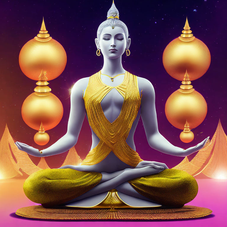 Meditating figure with multiple arms in golden cloth on purple background