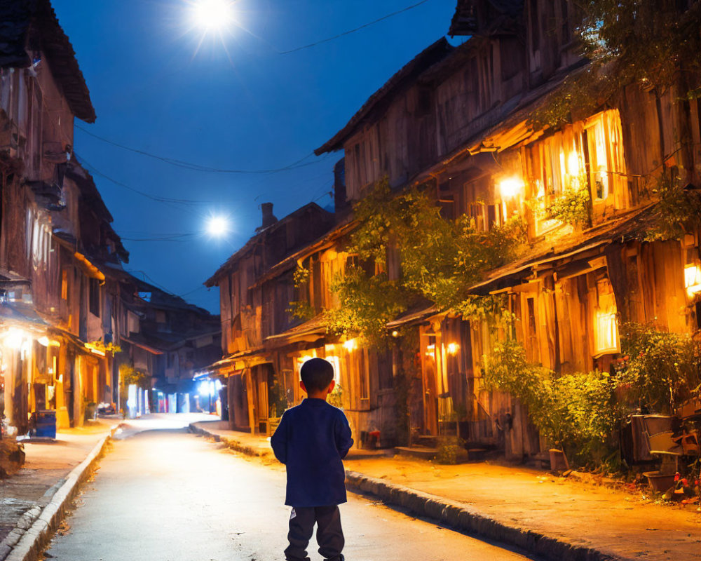 Child in cobblestone street at night gazes at bright moon amid old wooden houses.
