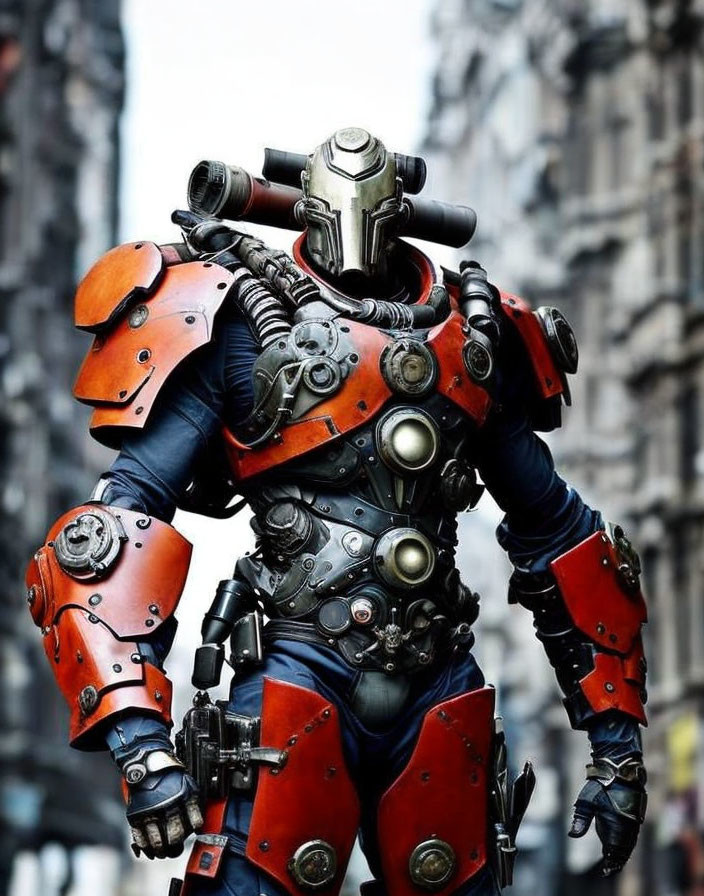 Detailed Futuristic Robot Costume with Metallic Body and Red Armor Plates