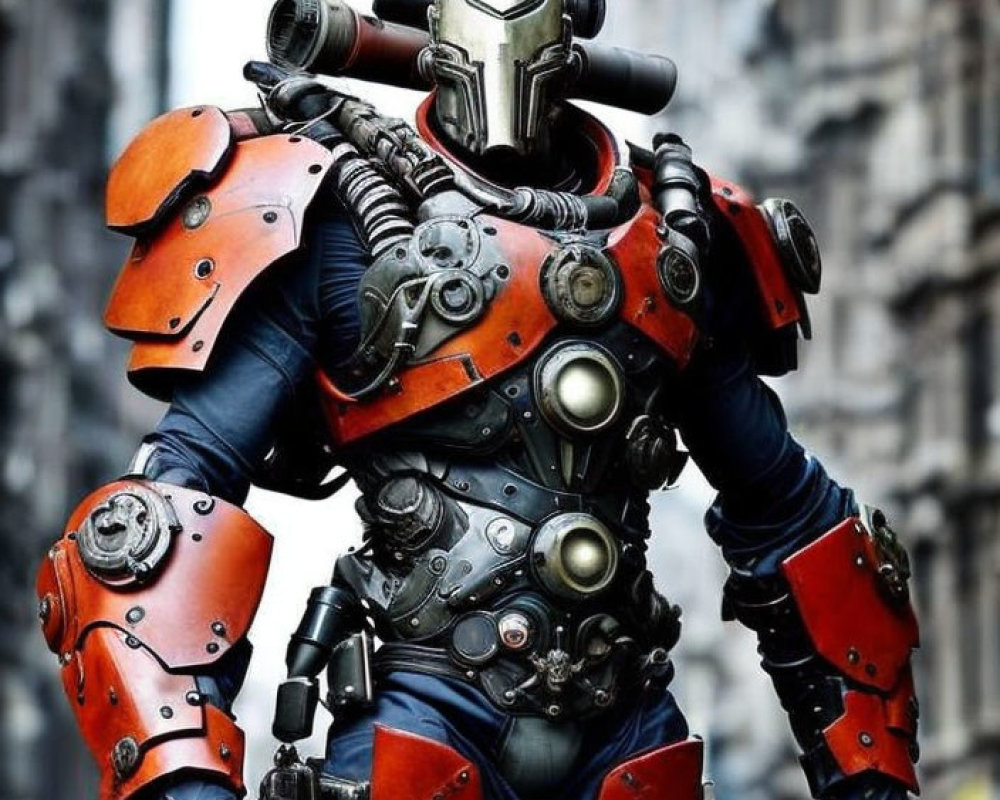 Detailed Futuristic Robot Costume with Metallic Body and Red Armor Plates