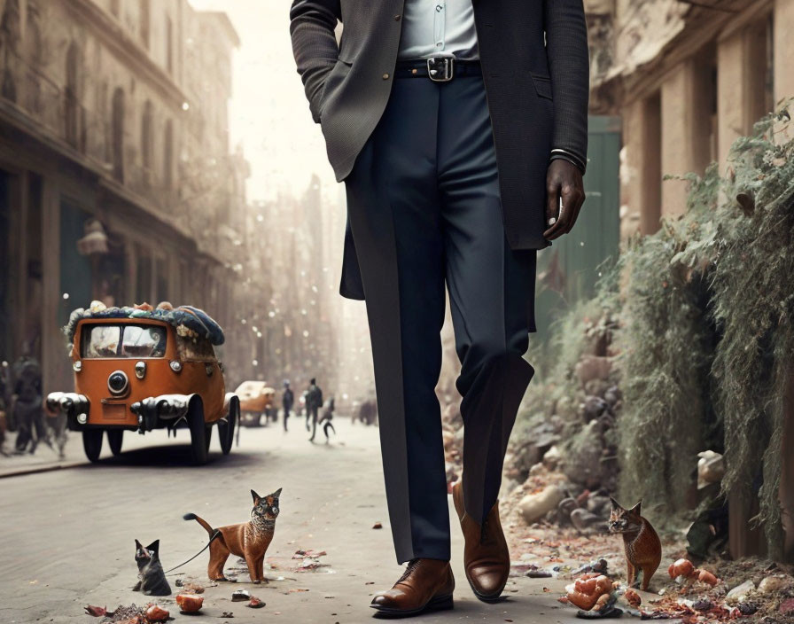 Formal person in urban street with cats and vintage vehicle