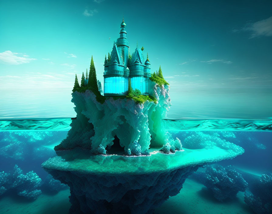 Fantasy castle on island with turquoise waters and ice-like base surrounded by pine trees under blue sky