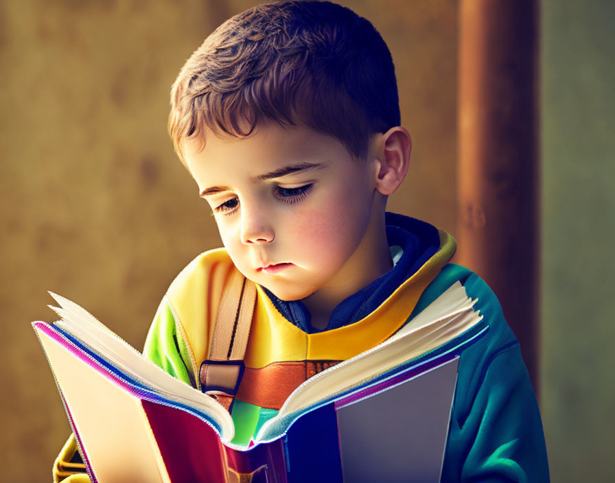 Young boy in colorful hoodie reading book under natural light