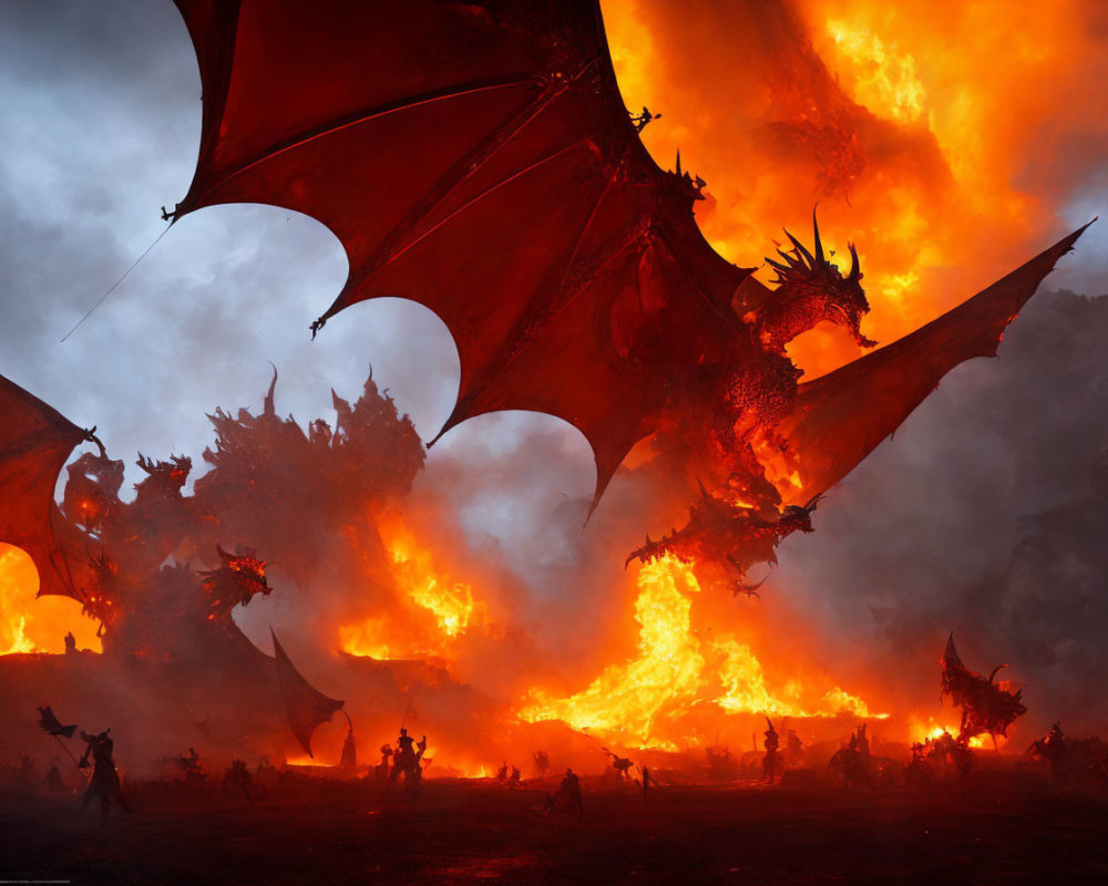 Fantasy scene: Dragons breathing fire in chaotic battlefield.