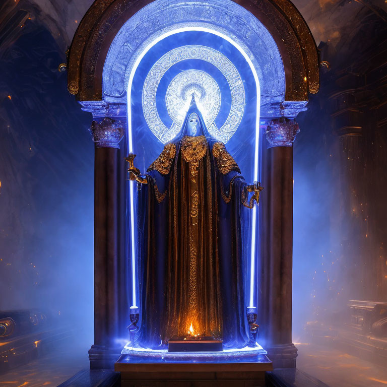 Ethereal figure in dark robes under illuminated archway with blue glow