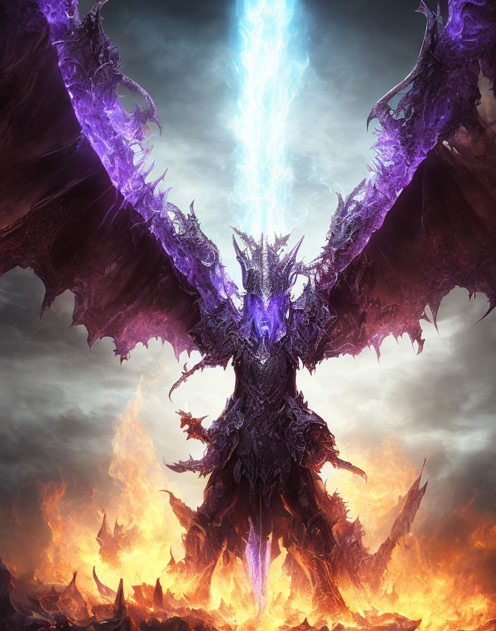 Purple Glowing Dragon with Blue Beam in Fiery Surroundings