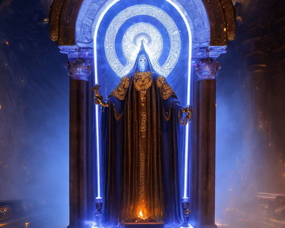 Ethereal figure in dark robes under illuminated archway with blue glow