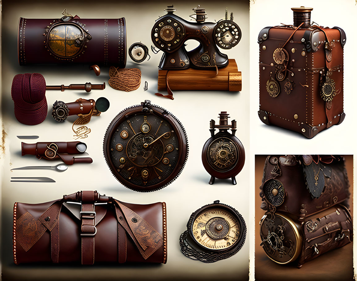 Steampunk-inspired collection: leather briefcase, rotary phone, goggles, watches, flasks with