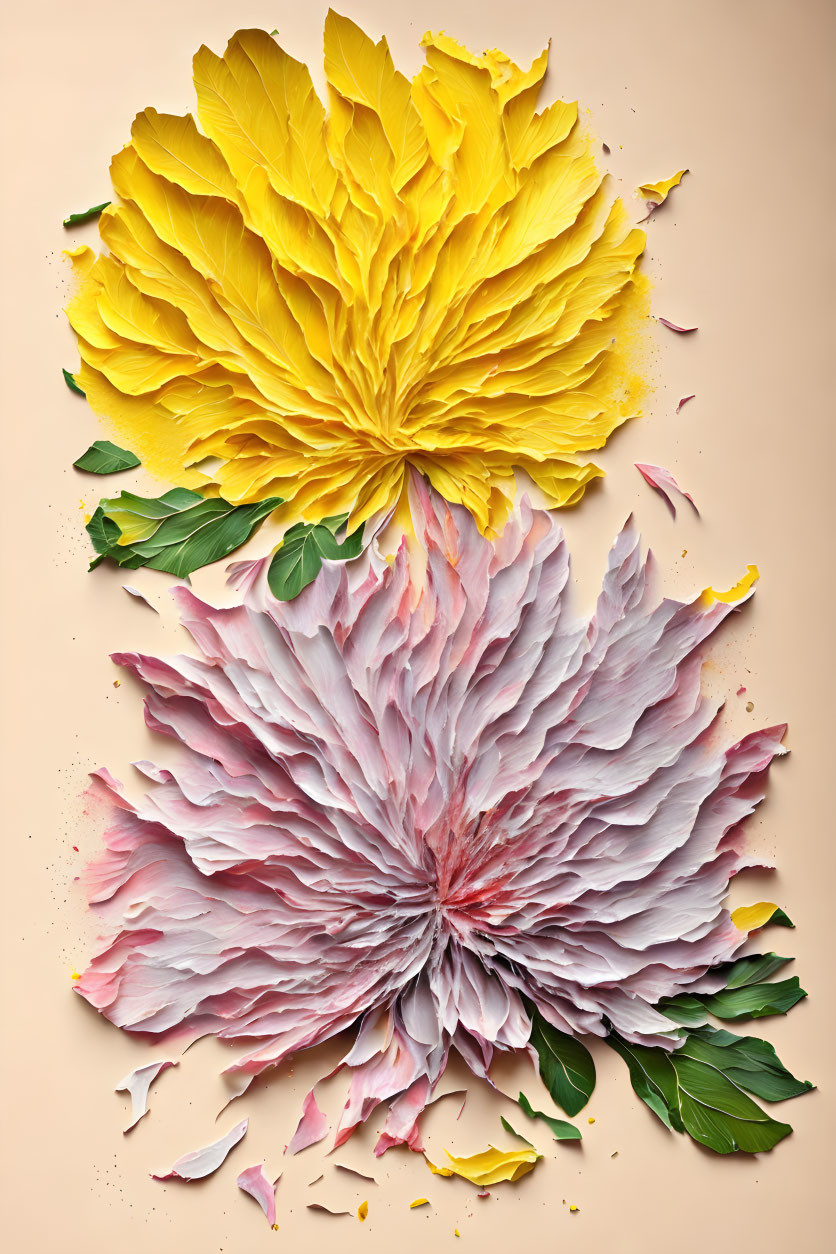 Large Vibrant Yellow and Pink Paper Art Flowers on Beige Background