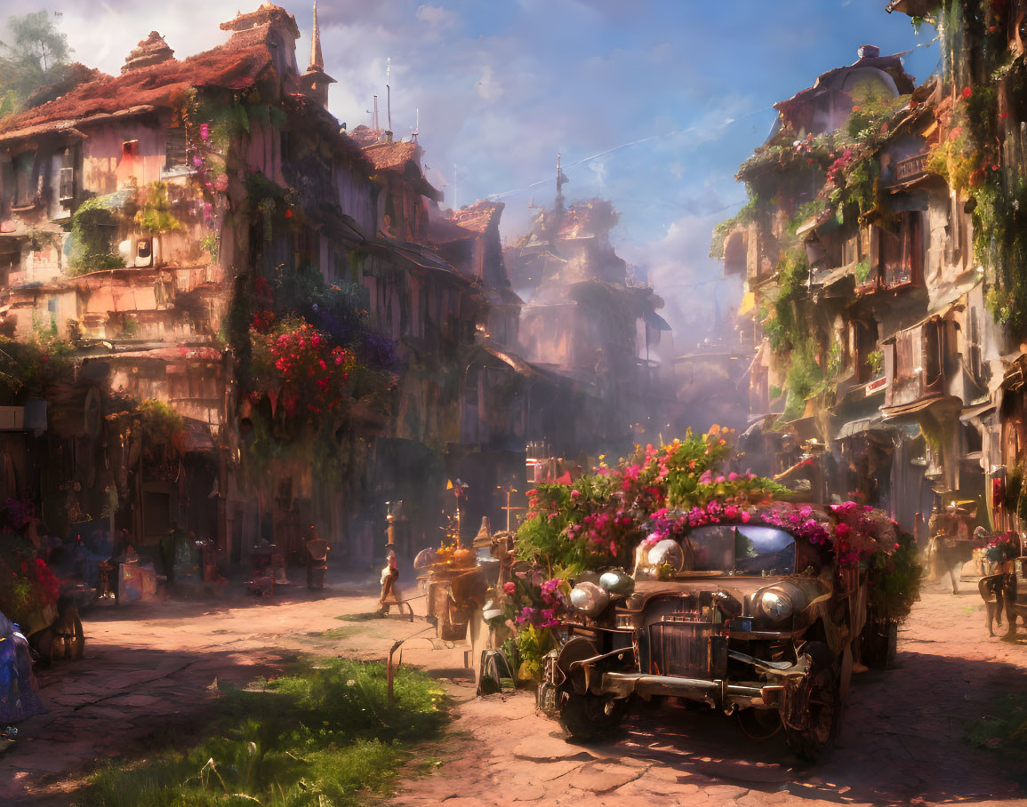 Sunlit Fantasy Street Scene with Flower-Adorned Car