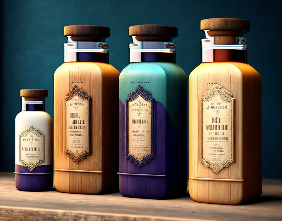 Vintage-inspired Apothecary Bottles with Ornate Labels on Wooden Table