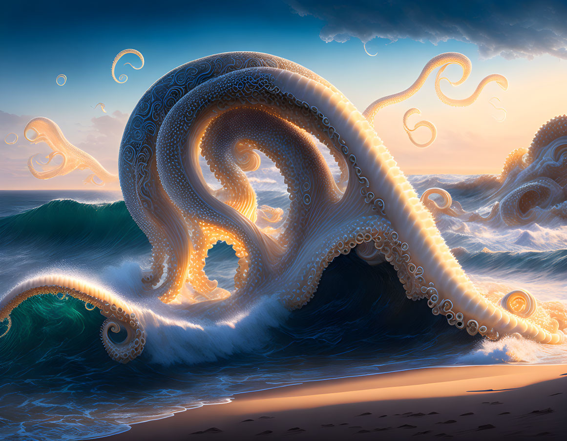 Giant Octopus Digital Art: Intricate Tentacle Patterns Emerging at Sunset