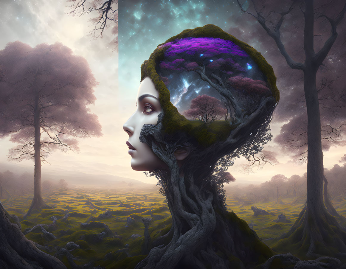 Surreal image: Woman's profile merges with tree, galaxy in head, twilight forest.