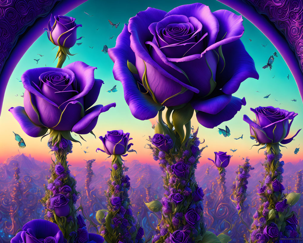 Colorful digital artwork: Oversized purple roses with flying creatures on whimsical background.