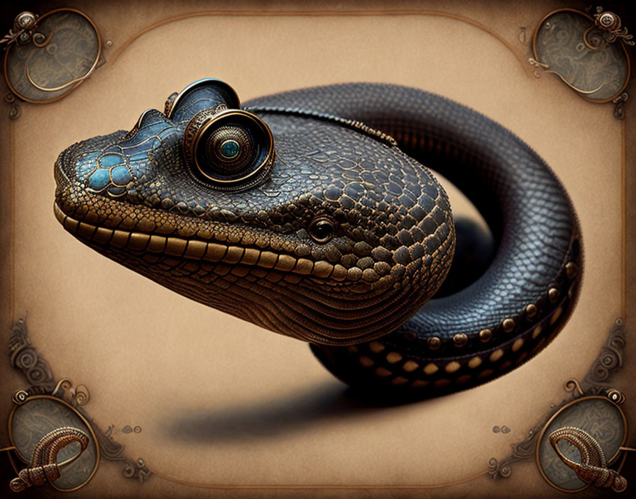 Steampunk-inspired snake illustration with mechanical eye and intricate blue patterns