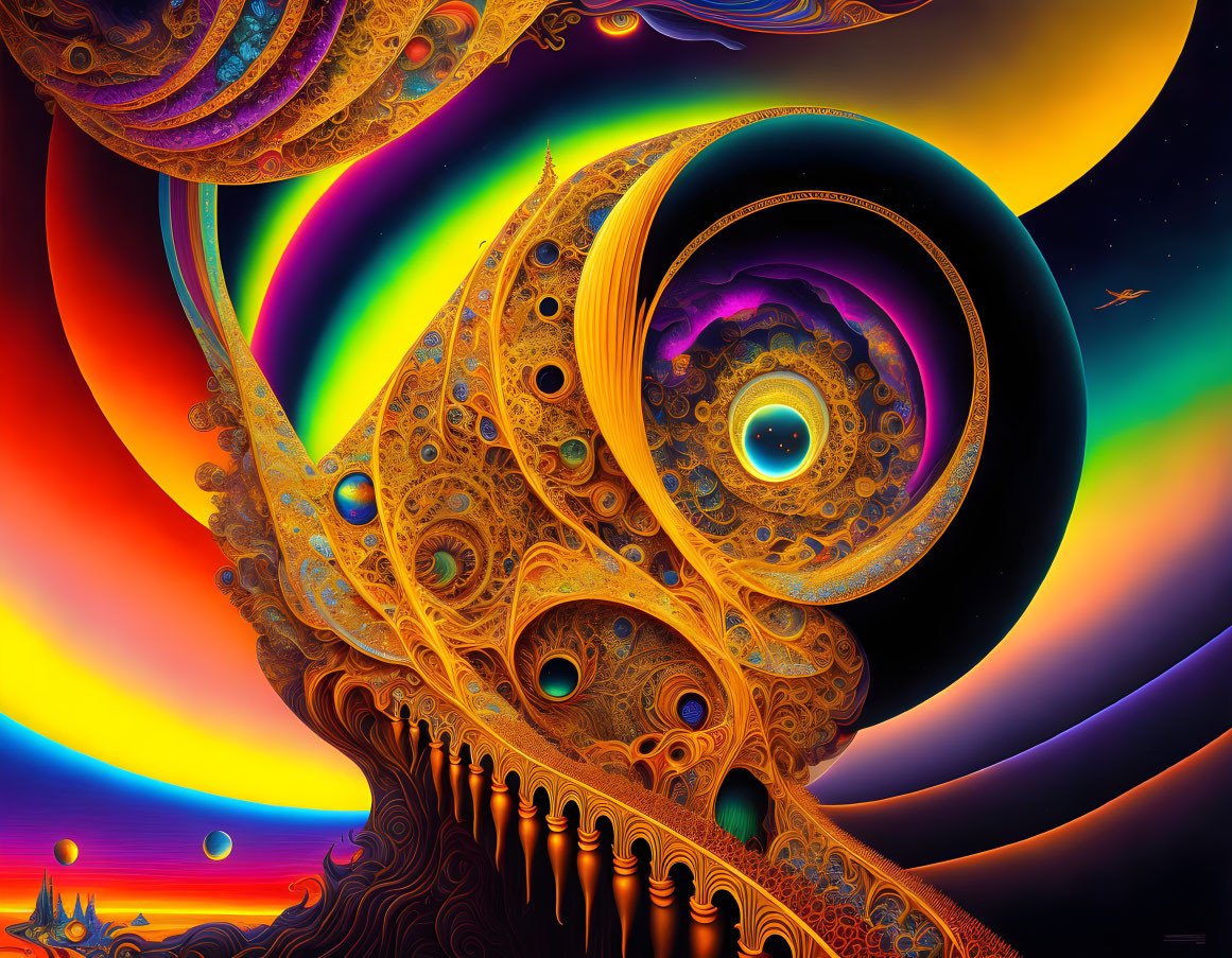 Colorful Abstract Artwork with Swirling Patterns and Eye Motif