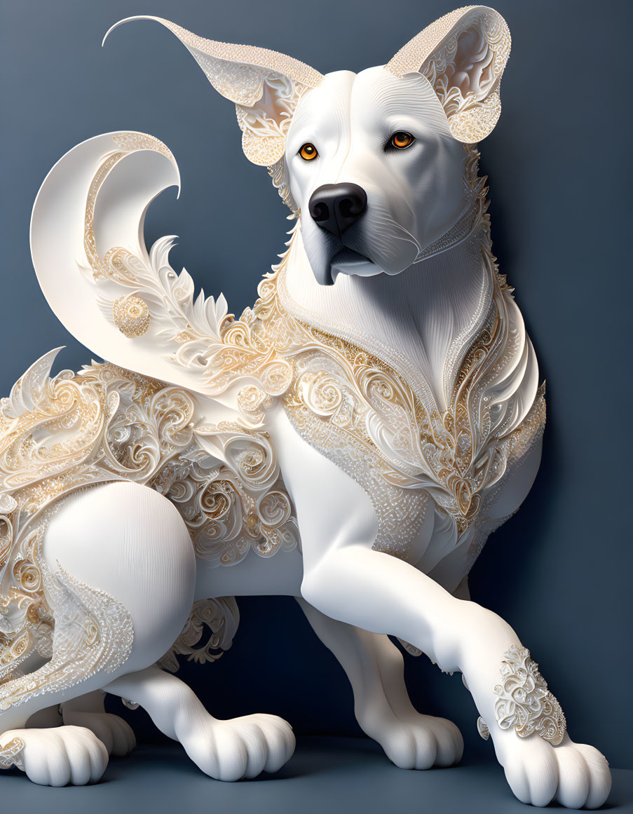 Stylized white dog with golden lace patterns on blue background