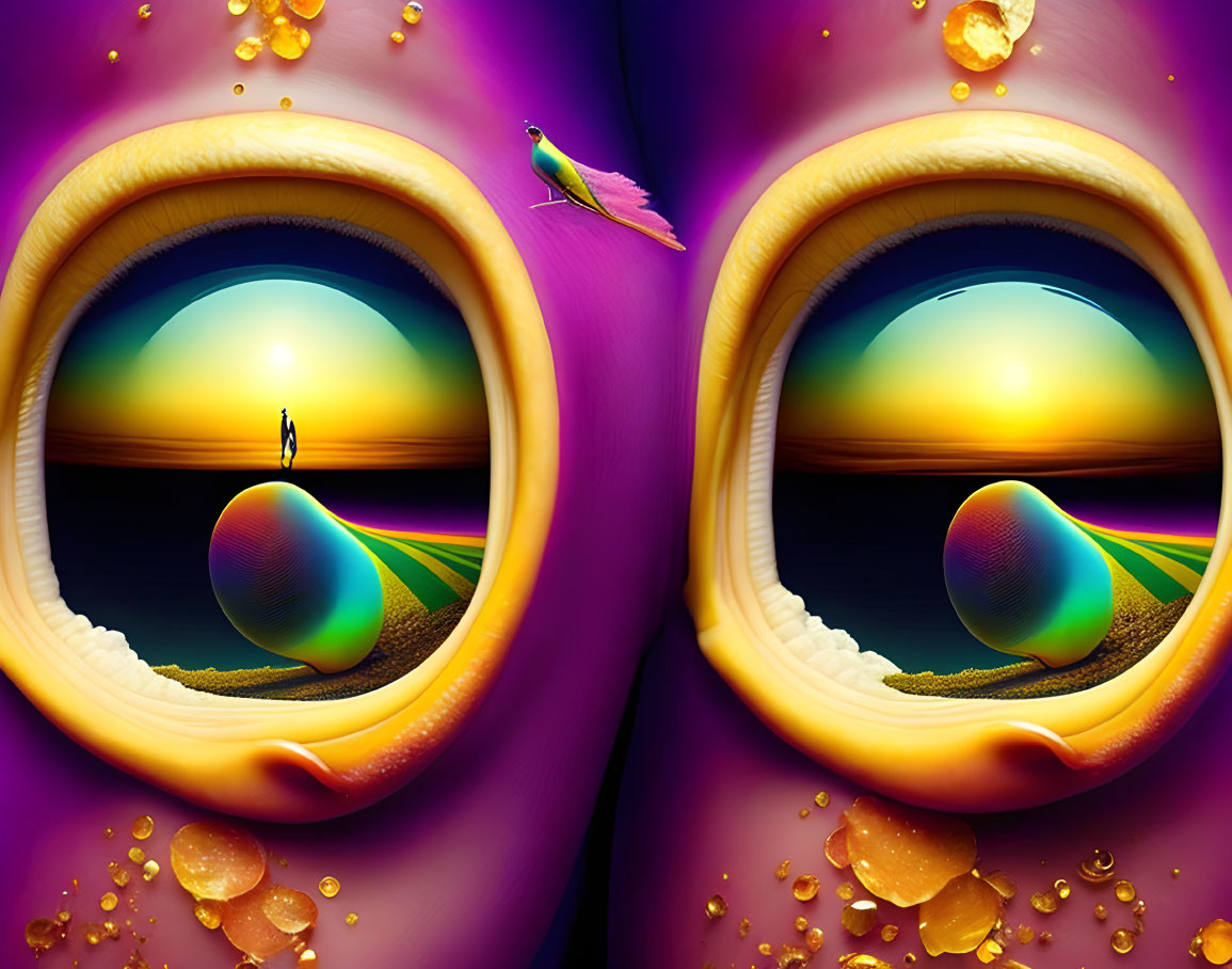 Surreal illustration: Eyes with vibrant landscapes in pupils