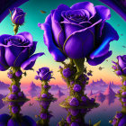 Colorful digital artwork: Oversized purple roses with flying creatures on whimsical background.