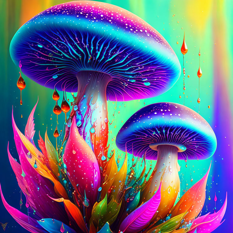 Colorful digital artwork featuring luminescent mushrooms, neon palette, stylized foliage, and vibrant dro