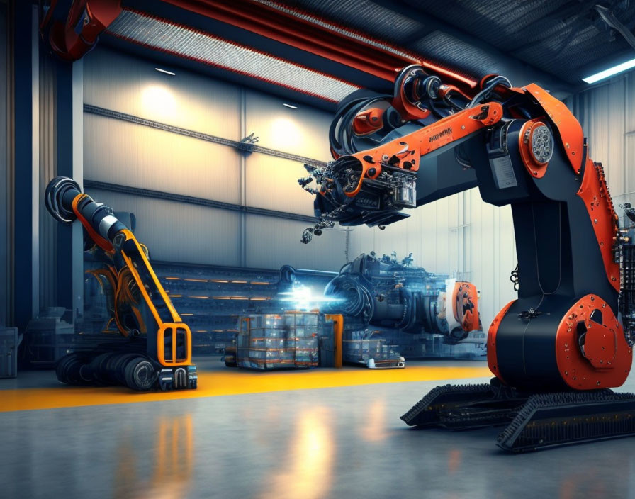 Robotic arms welding in factory with machinery parts & pallets.