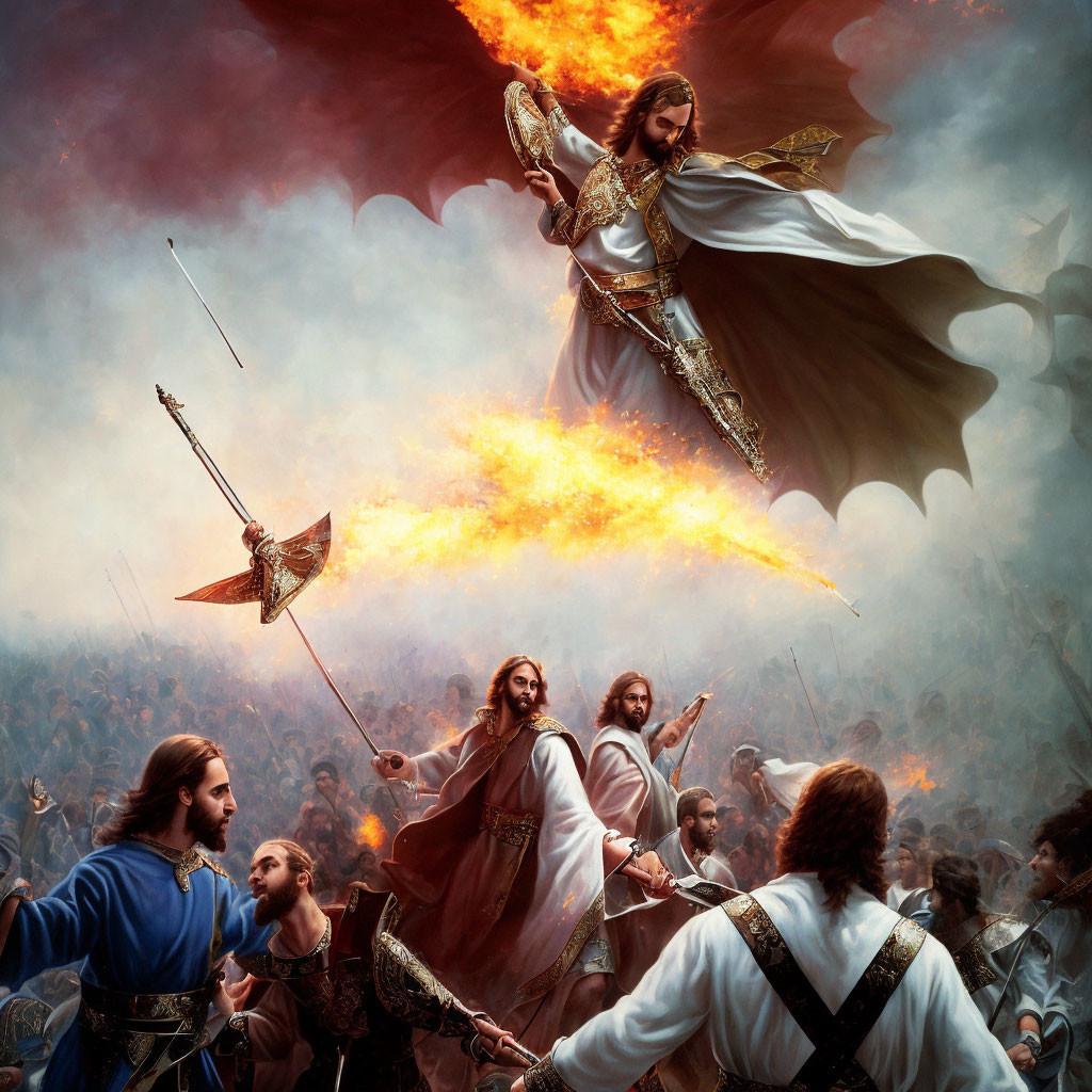 Fantastical battle scene with figure in white leading fiery winged army.