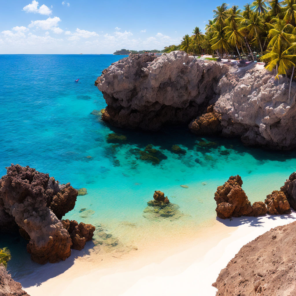 Scenic tropical beach with turquoise waters, white sand, rocks, and palm trees