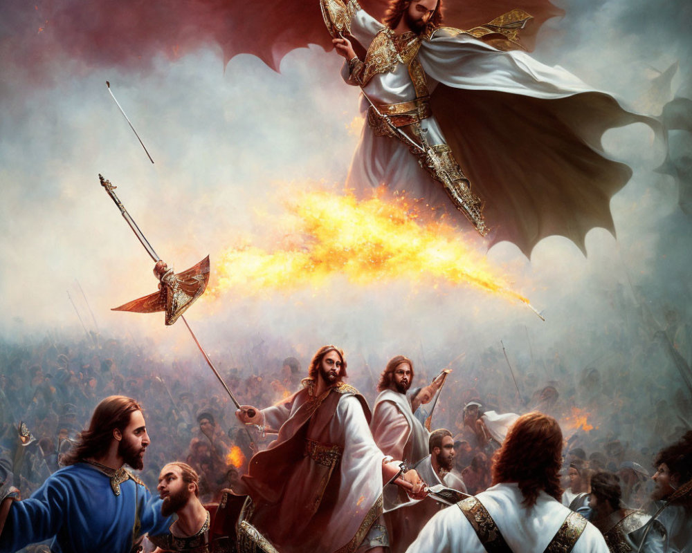 Fantastical battle scene with figure in white leading fiery winged army.