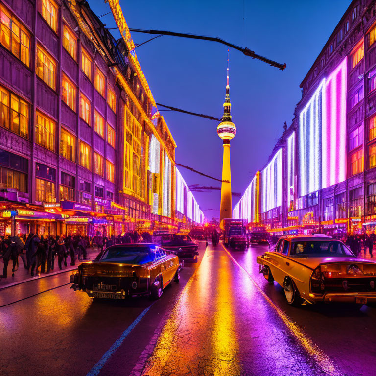 City street at night with colorful lights, vintage cars, and tower against twilight sky