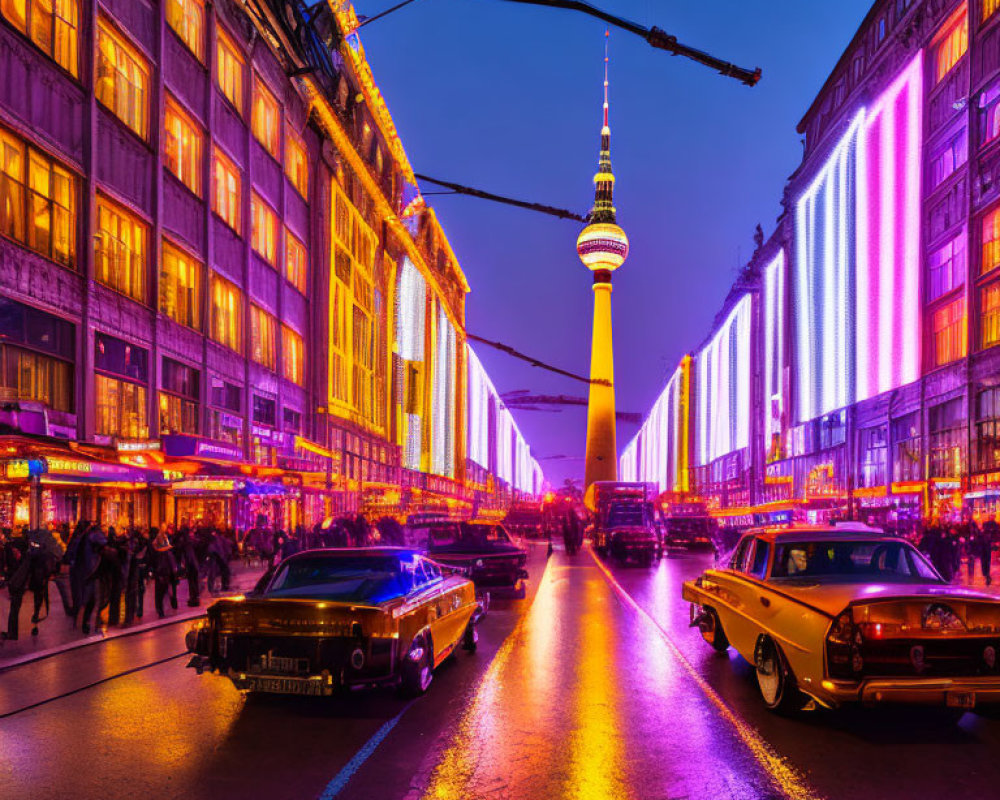 City street at night with colorful lights, vintage cars, and tower against twilight sky