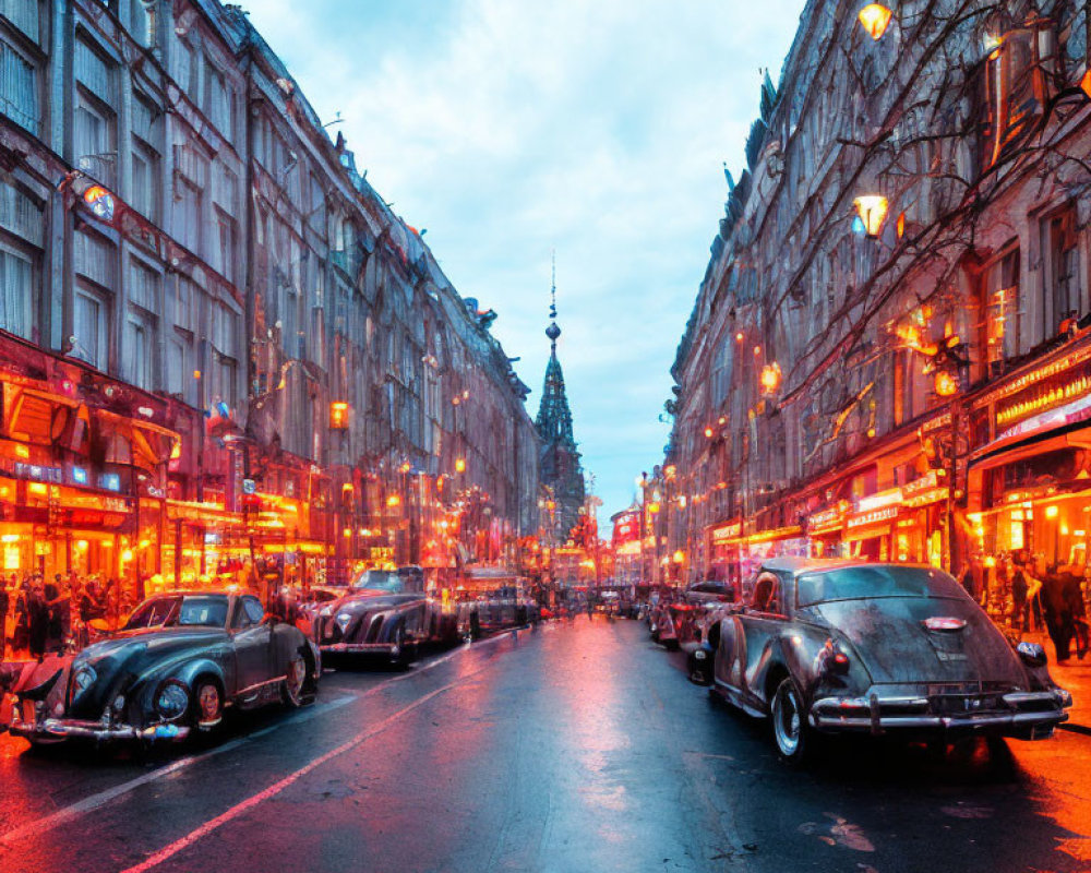 Vintage cars and illuminated cityscape at dusk with towering spire.