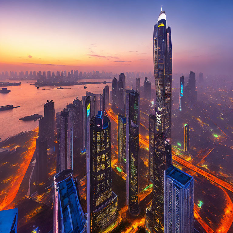 Modern city skyline at dusk with illuminated skyscrapers and river reflection.