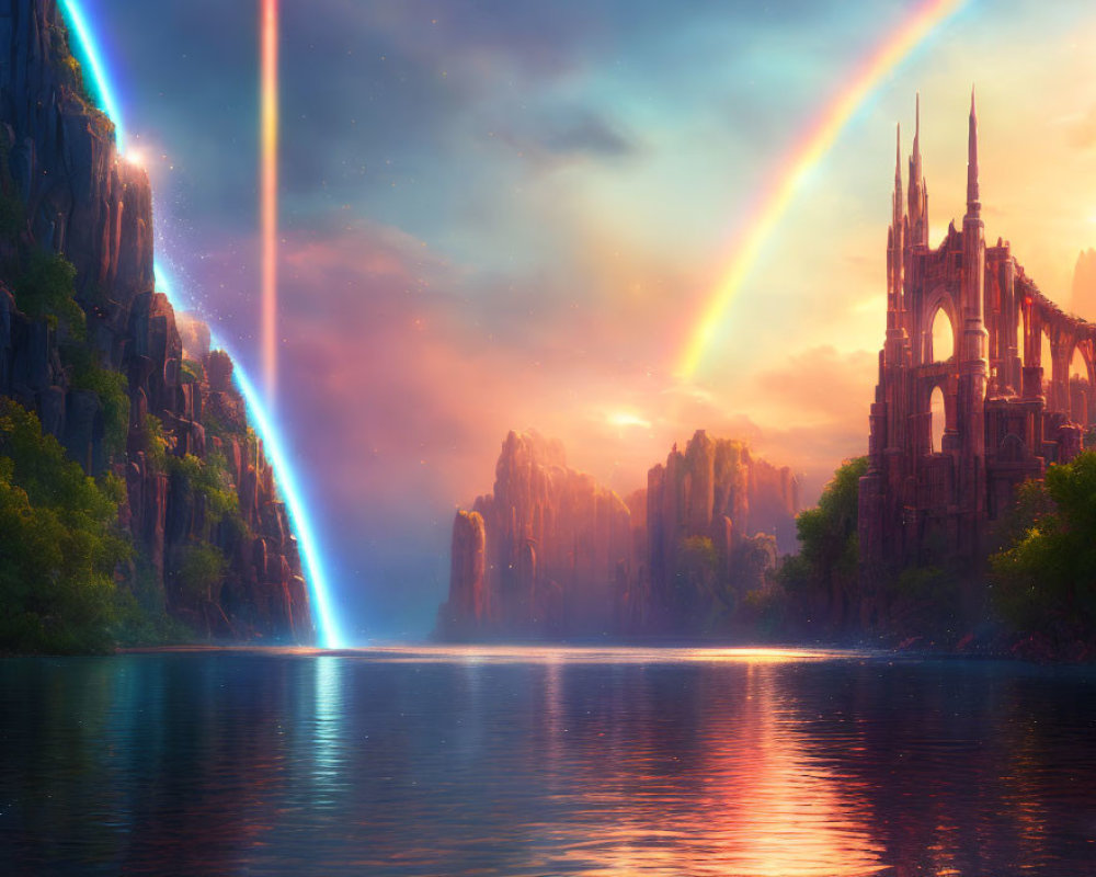 Majestic castle on cliffs with rainbow, shooting star, and serene lake