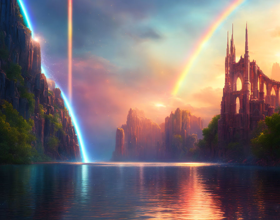 Majestic castle on cliffs with rainbow, shooting star, and serene lake