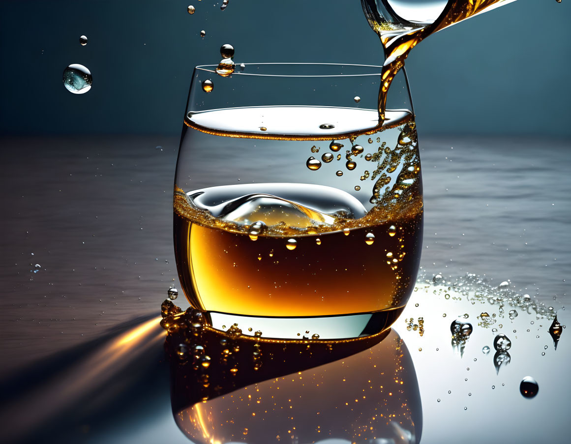 Amber liquid in glass with dynamic splashes on dark background