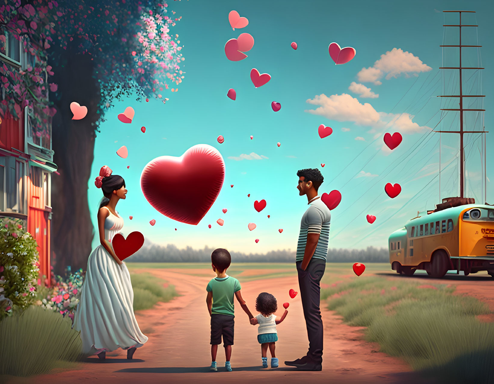 Colorful Family Illustration Surrounded by Hearts in Countryside