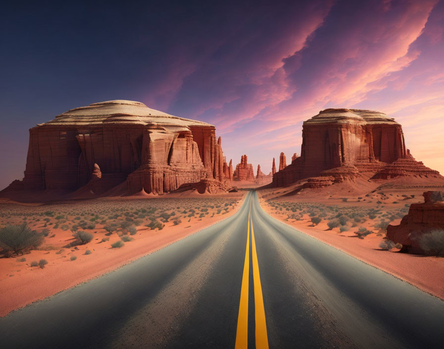 Straight Road to Large Red Rock Formations Under Dramatic Sunset Sky