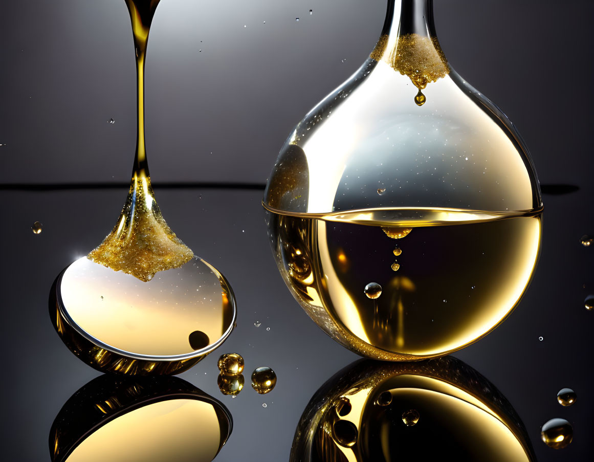 Shiny golden liquid flows between glass spheres on reflective surface