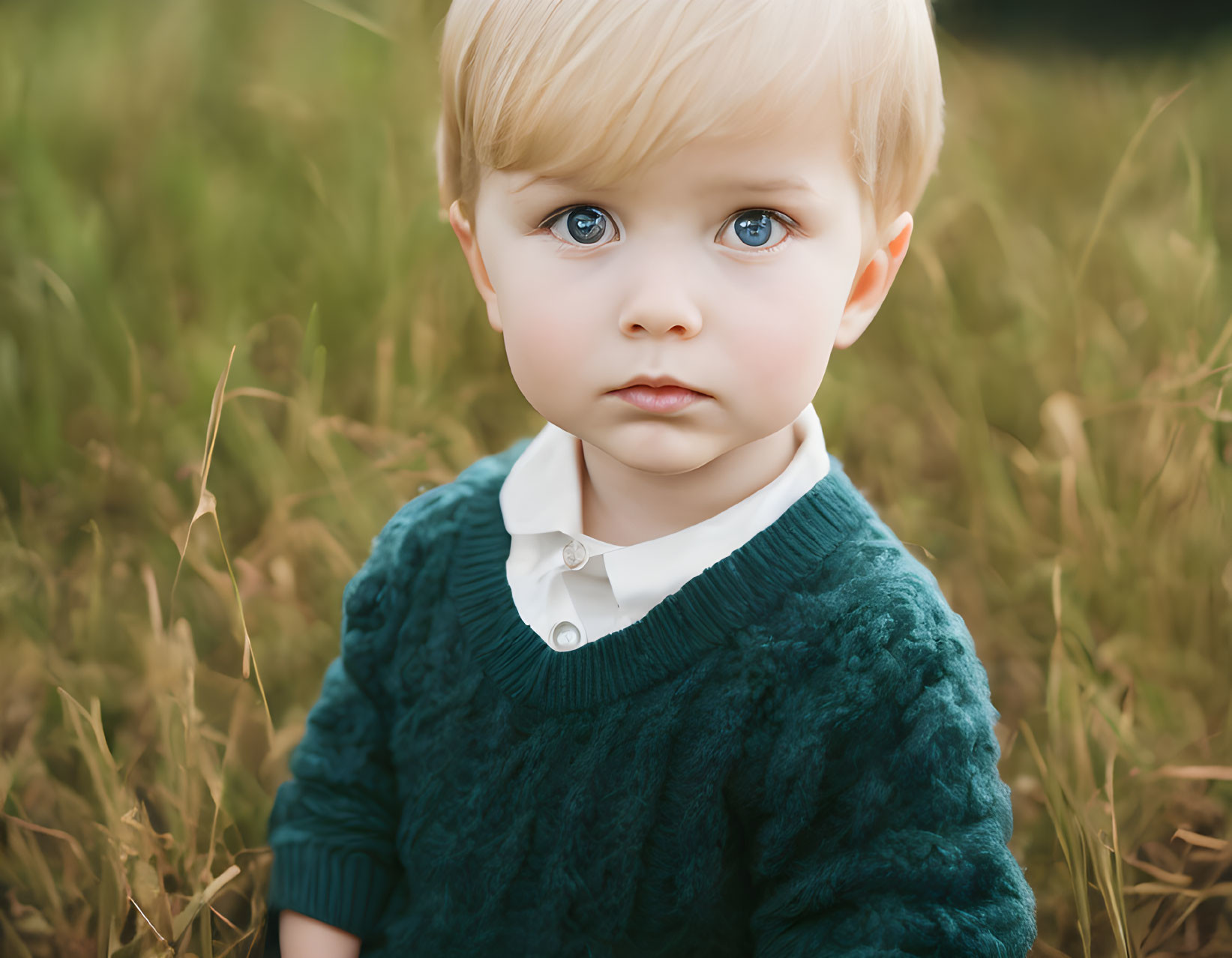 Blonde Child in Green Sweater Standing in Grass Field