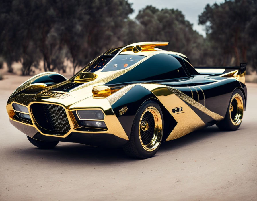 Luxurious Gold and Black Sports Car on Sandy Road with Trees