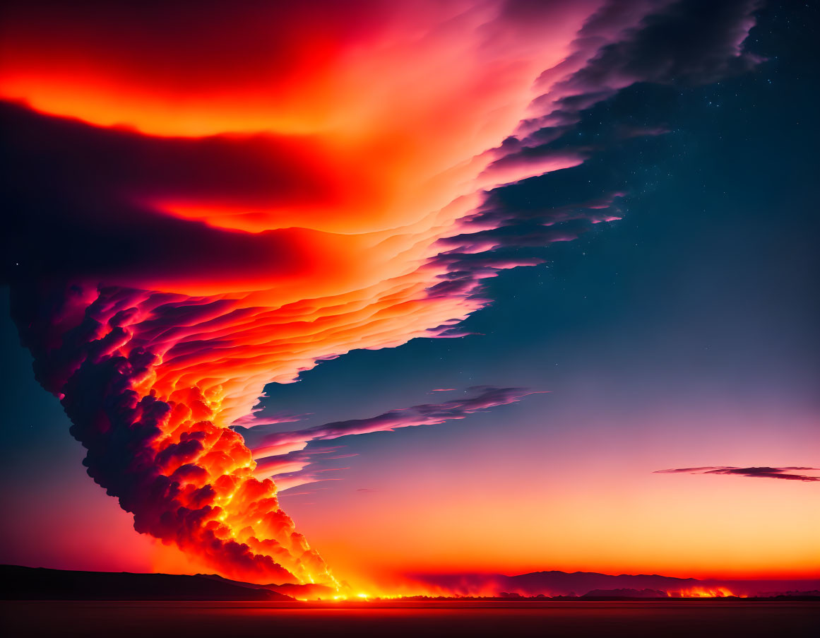 Vibrant red and orange clouds in dramatic sky over dark horizon