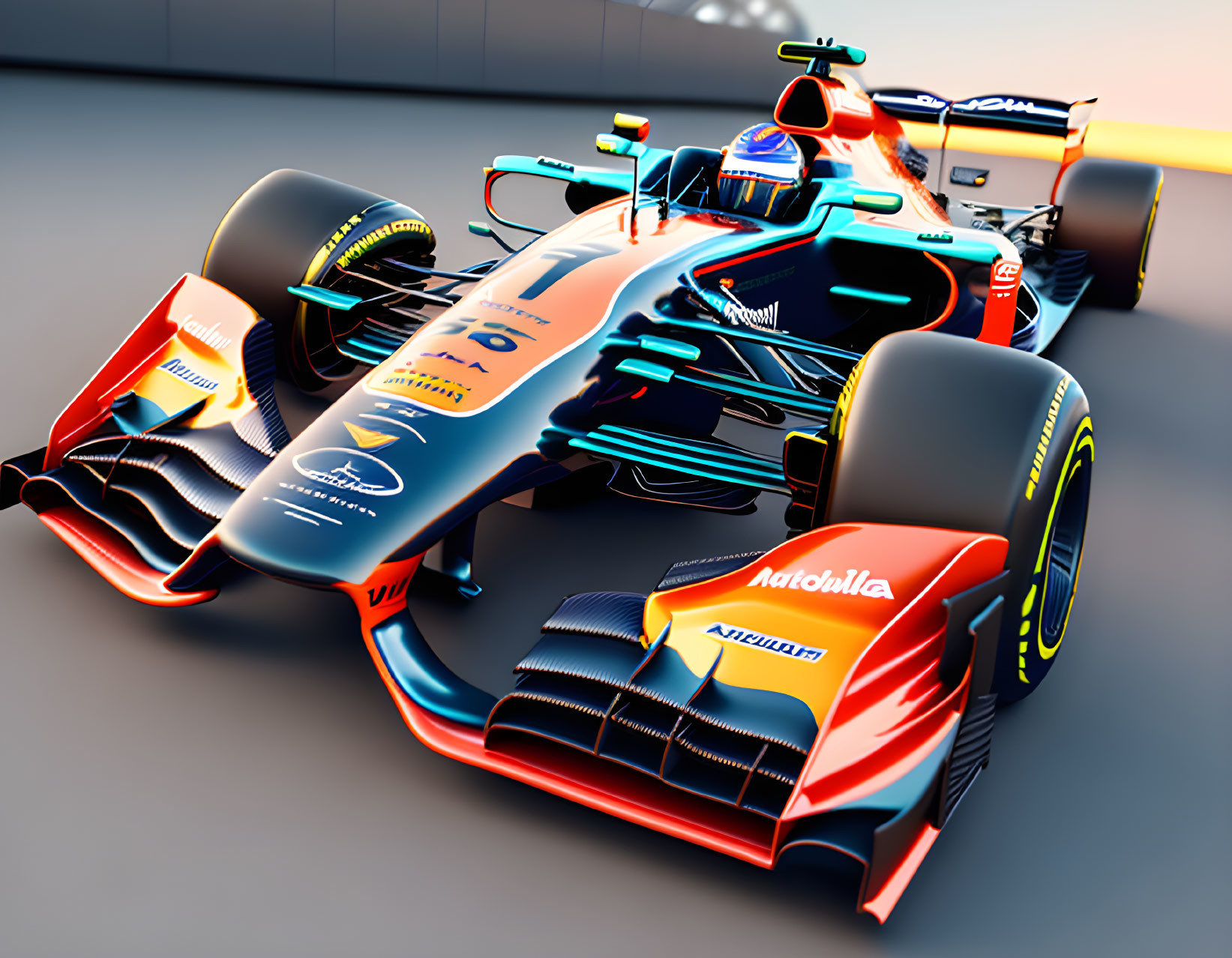 Vibrant blue and orange Formula 1 racing car on track at sunset