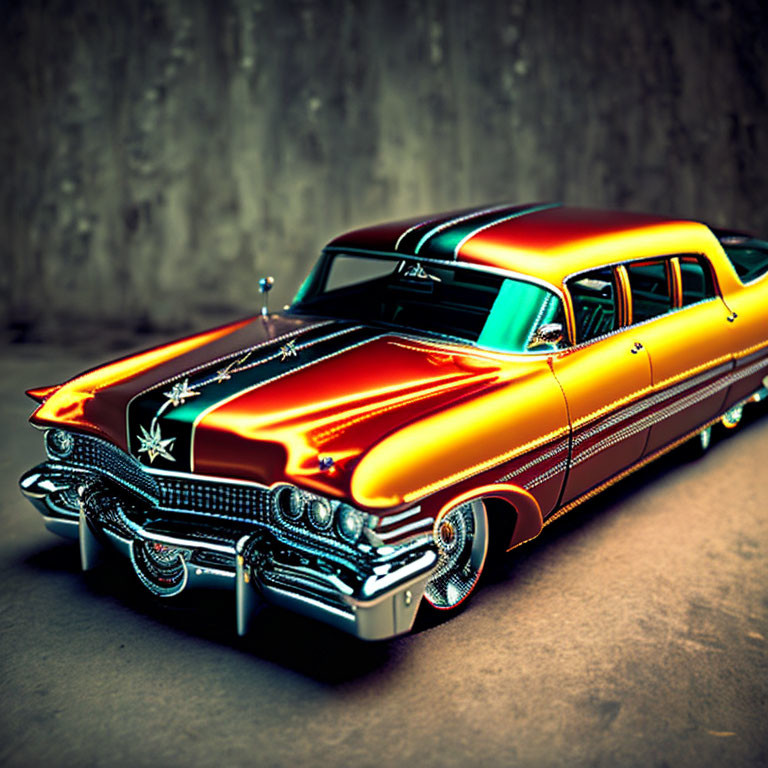 Vintage Car with Glossy Orange & Black Paint, Tailfins, and Chrome Detailing