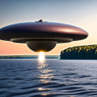 Unidentified Flying Object over serene lake at sunset