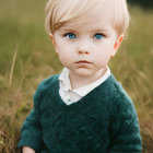 Blonde Child in Green Sweater Standing in Grass Field