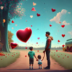 Colorful Family Illustration Surrounded by Hearts in Countryside