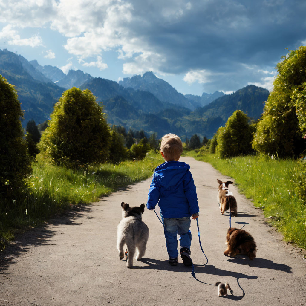 Child in blue jacket walks dogs on leash in scenic mountain setting