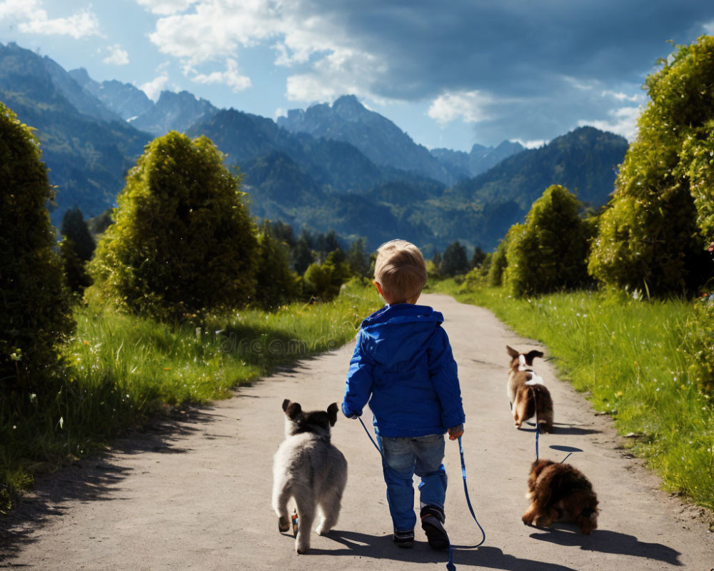 Child in blue jacket walks dogs on leash in scenic mountain setting